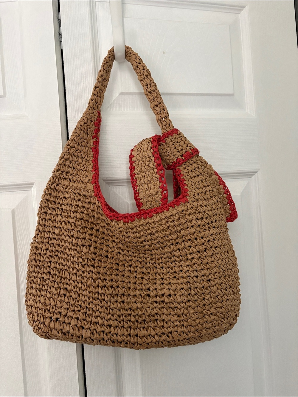 Urban Expressions Woven Straw Shoulder Bag with Red Trim - Picture 2 of 6